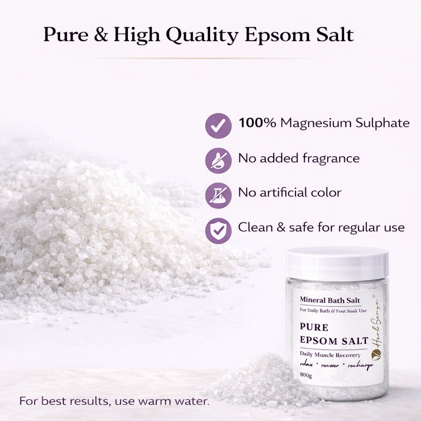 Pure Epsom Salt for Daily Bath and Foot Soak, Tired Feet, Feet Ache, Corns & Callus, Mineral Bath Salt, Muscle Recovery, 800g