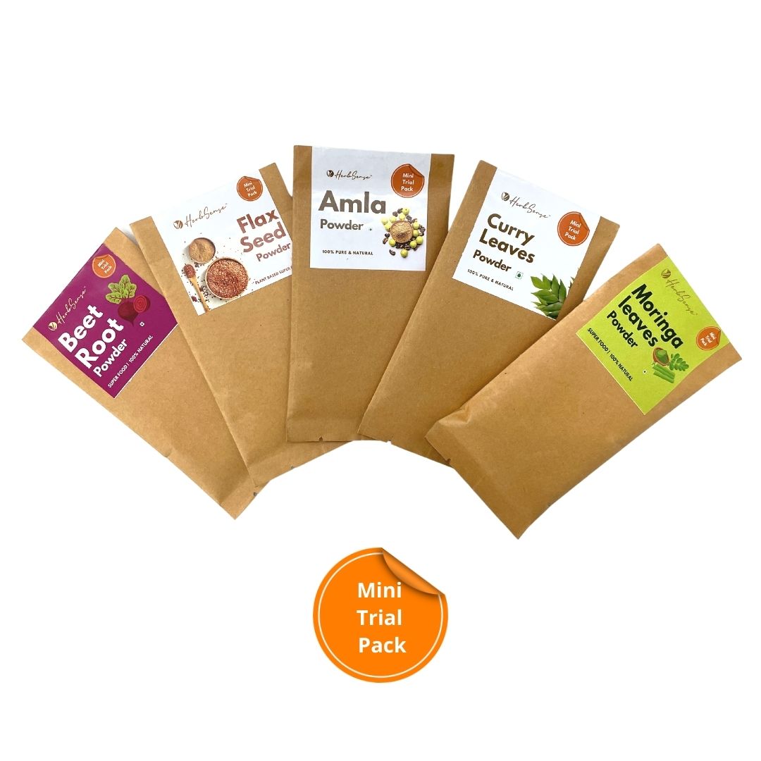 Superfoods Mini Trial Pack Combo ( Pack of 5 ) - Flaxseed Powder, Beetroot Powder, Moringa Leaves Powder, Amla Powder and Curry Leaves Powder