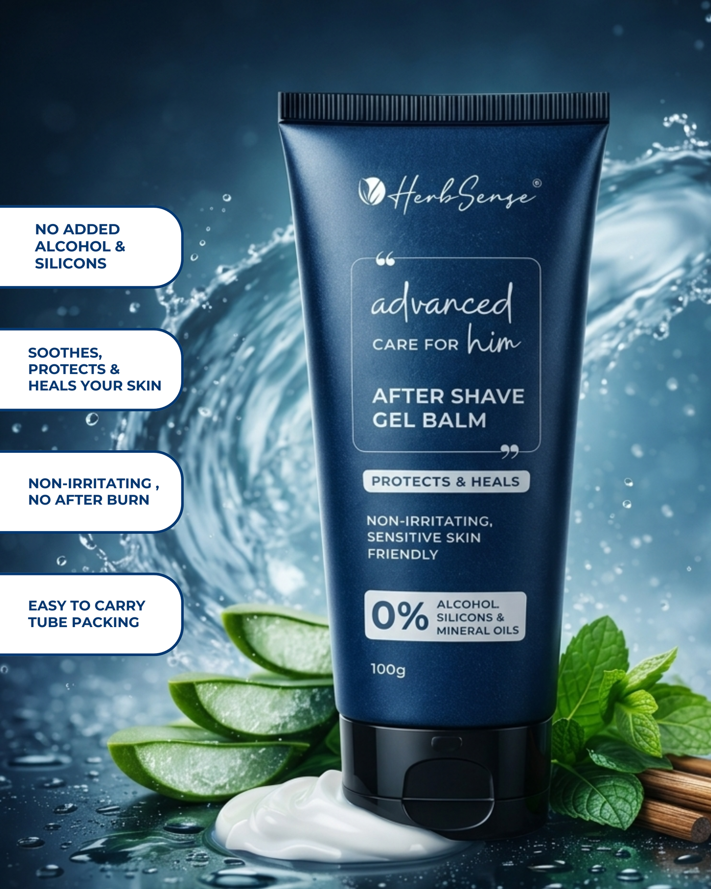 HerbSense After Shave Gel Balm, After Shaving Lotion, Non-Irritating, Sensitive Skin Friendly, Alcohol-Free, 100g