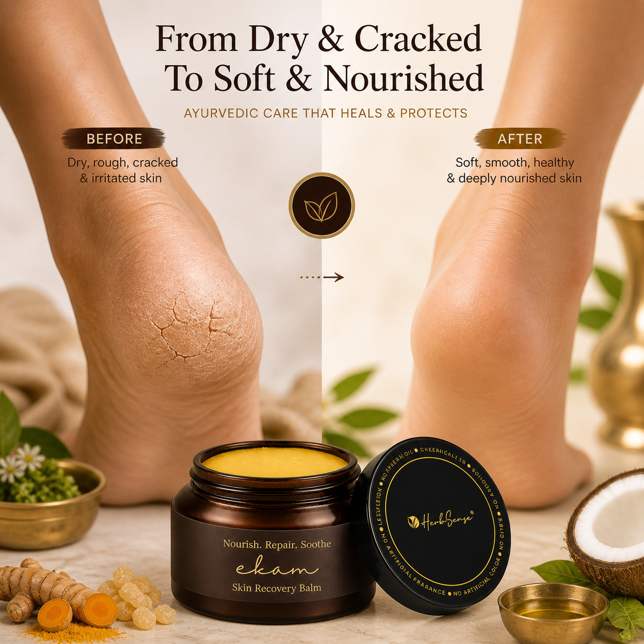 Ayurvedic Skin Recovery Balm-Ekam , For Dry & Cracked Skin | Foot, Heel, Elbow & Hand Repair | Enriched with Frankincense, Shea Butter & Ayurvedic Oils | Nourishing Moisturizing Balm | 50g