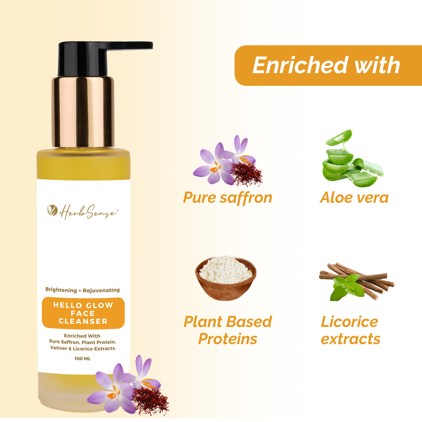 Hello Glow Plant Based Face Cleanser For Glowing & Nourished Skin | Enriched With Pure Saffron, Aloe Vera & Licorice Extract | 100ml