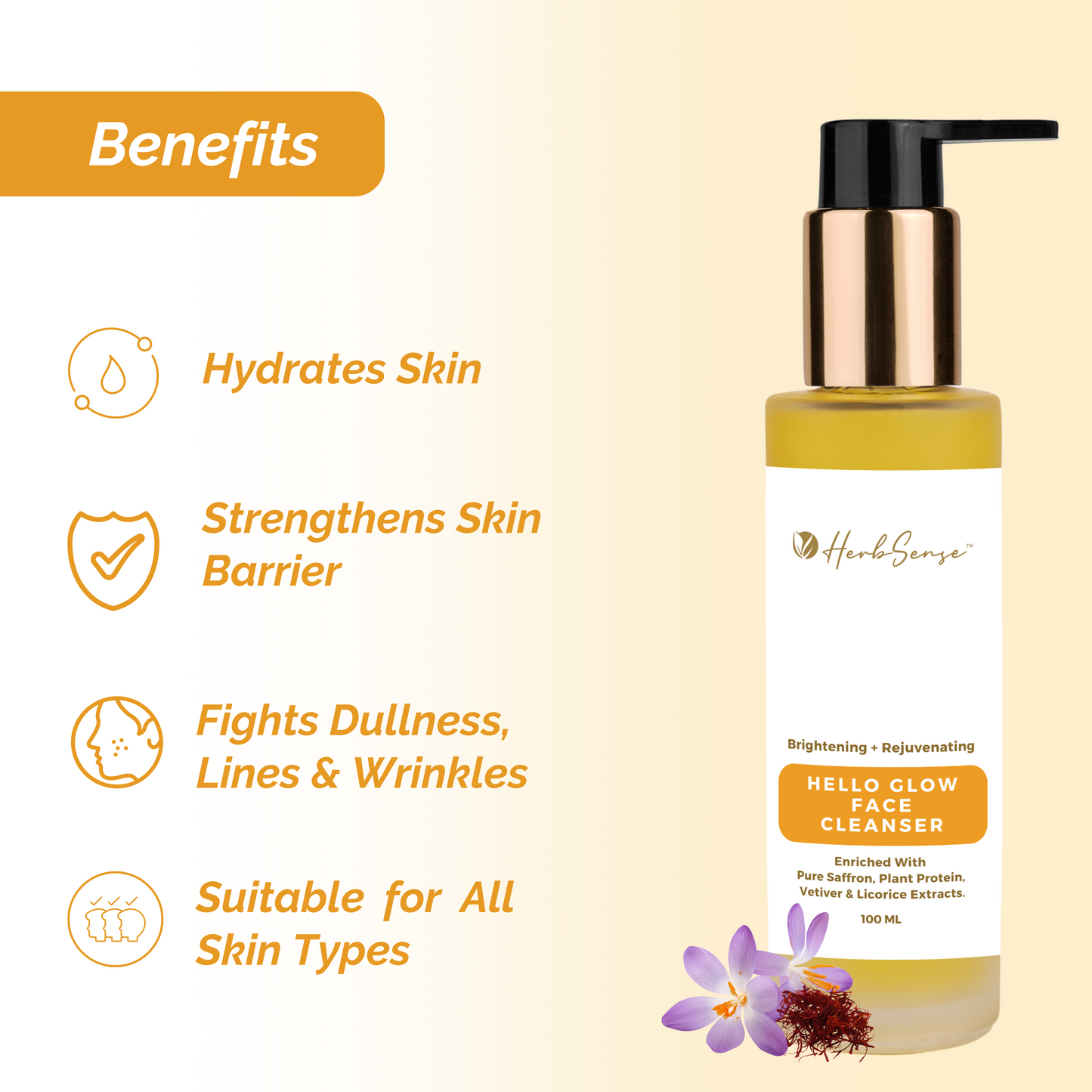 Hello Glow Plant Based Face Cleanser For Glowing & Nourished Skin | Enriched With Pure Saffron, Aloe Vera & Licorice Extract | 100ml