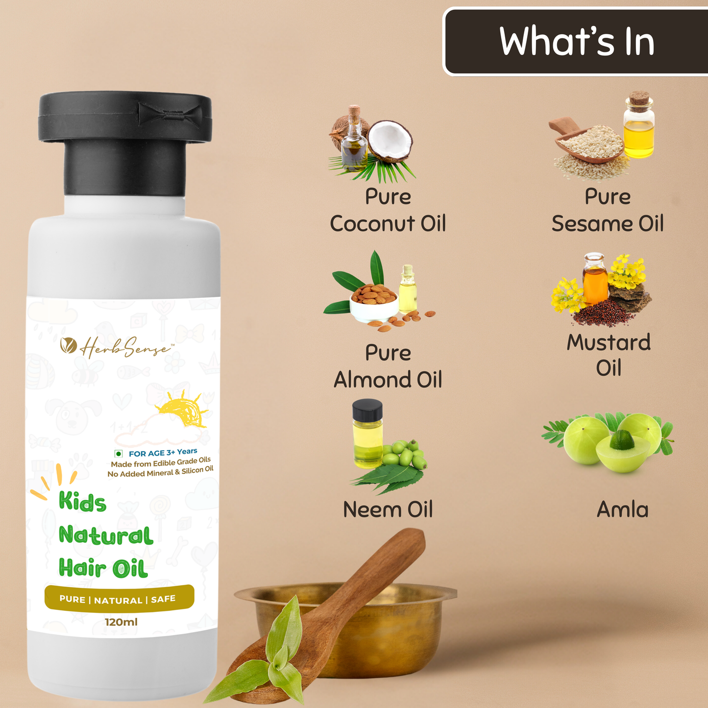 Kids Hair Oil - Pure Blend of Wood Pressed Oils & Herbs | For Age 3+ Years | 120ml