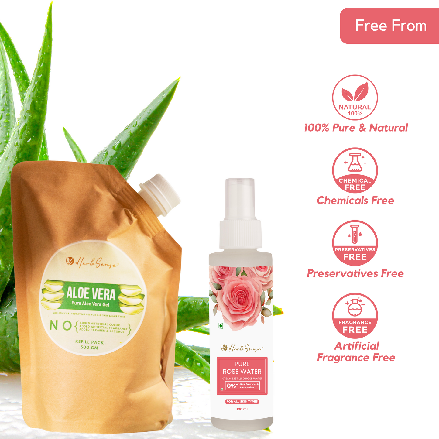 Pure Aloe Vera Gel Refill Pack + Pure Rose Water Combo Pack, Hydrating & Refreshing Combo, Eco-friendly Refill Pack 500gm & 100ML Rose Water