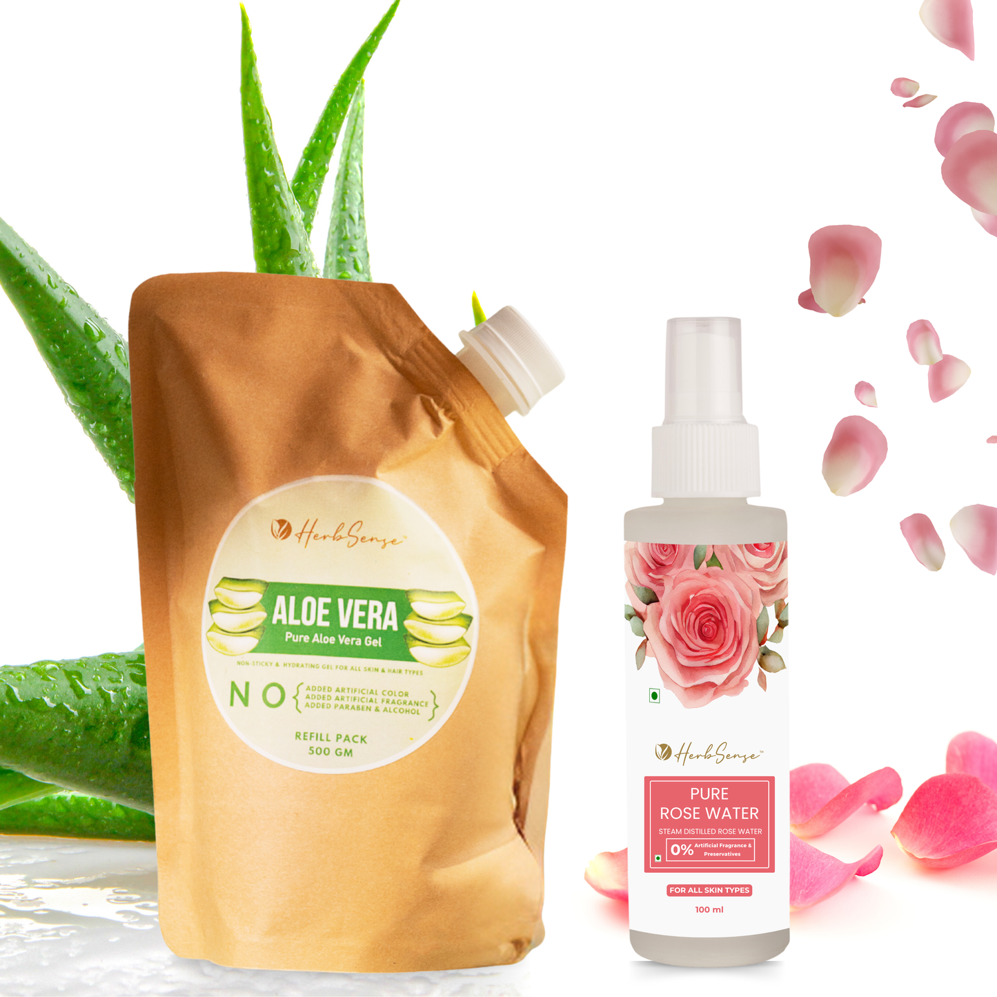 Pure Aloe Vera Gel Refill Pack + Pure Rose Water Combo Pack, Hydrating & Refreshing Combo, Eco-friendly Refill Pack 500gm & 100ML Rose Water