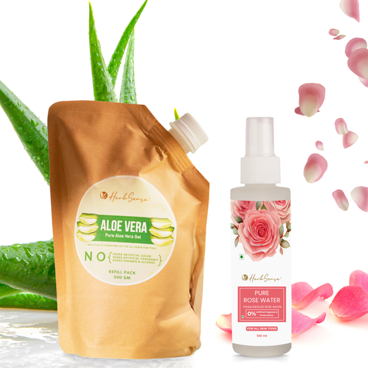 Pure Aloe Vera Gel Refill Pack + Pure Rose Water Combo Pack, Hydrating & Refreshing Combo, Eco-friendly Refill Pack 500gm  & 100ML Rose Water