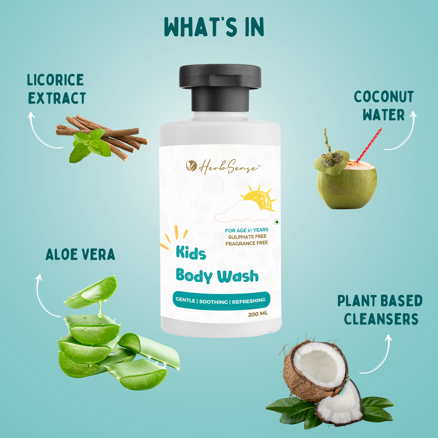 Kids Body Wash-200ml | Plant Based | Fragrance & Color Free | Gentle & Safe | Multipurpose for Body & Face. For Age 1+ Years.