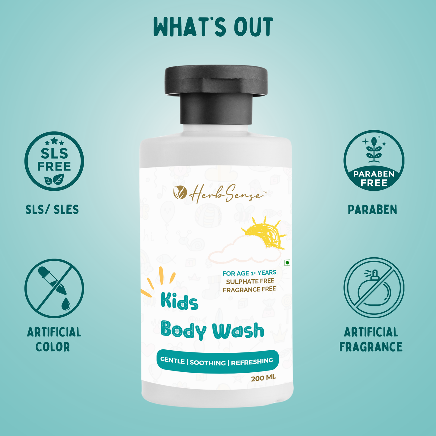 Kids Body Wash-200ml | Plant Based | Fragrance & Color Free | Gentle & Safe | Multipurpose for Body & Face. For Age 1+ Years.