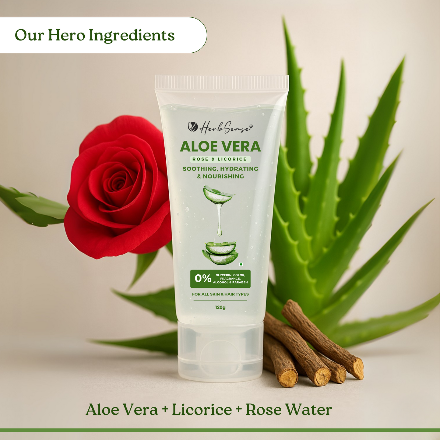 Aloe Vera Gel with Rose Water & Licorice, Soothing, Hydrating, Nourishing Gel for Face, Hair, Skin, 120g, 0% Glycerin, Color, Fragrance