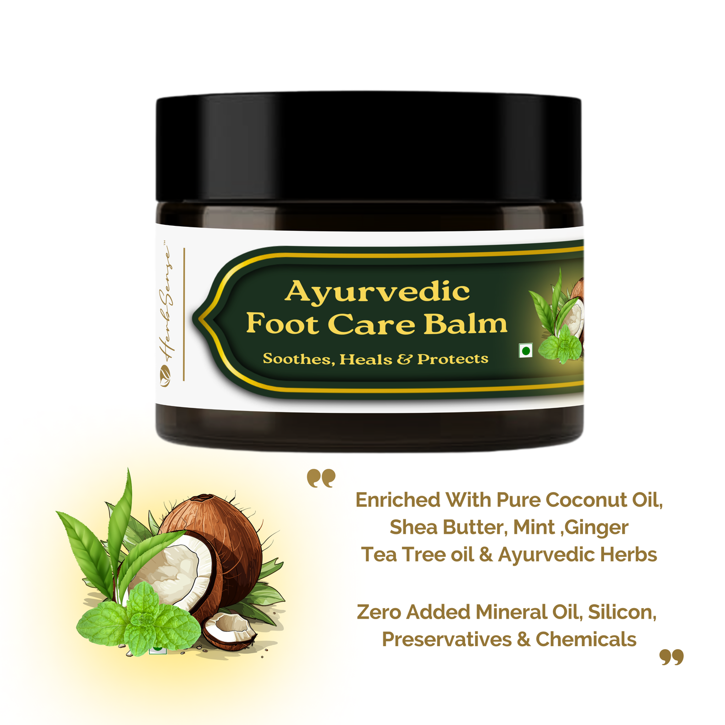 Herbsense Ayurvedic Foot Care Balm, Enriched With Mint, Ginger, Coconut Oil & Shea Butter, Natural Solution for Dry & Cracked Heels, 50 GM