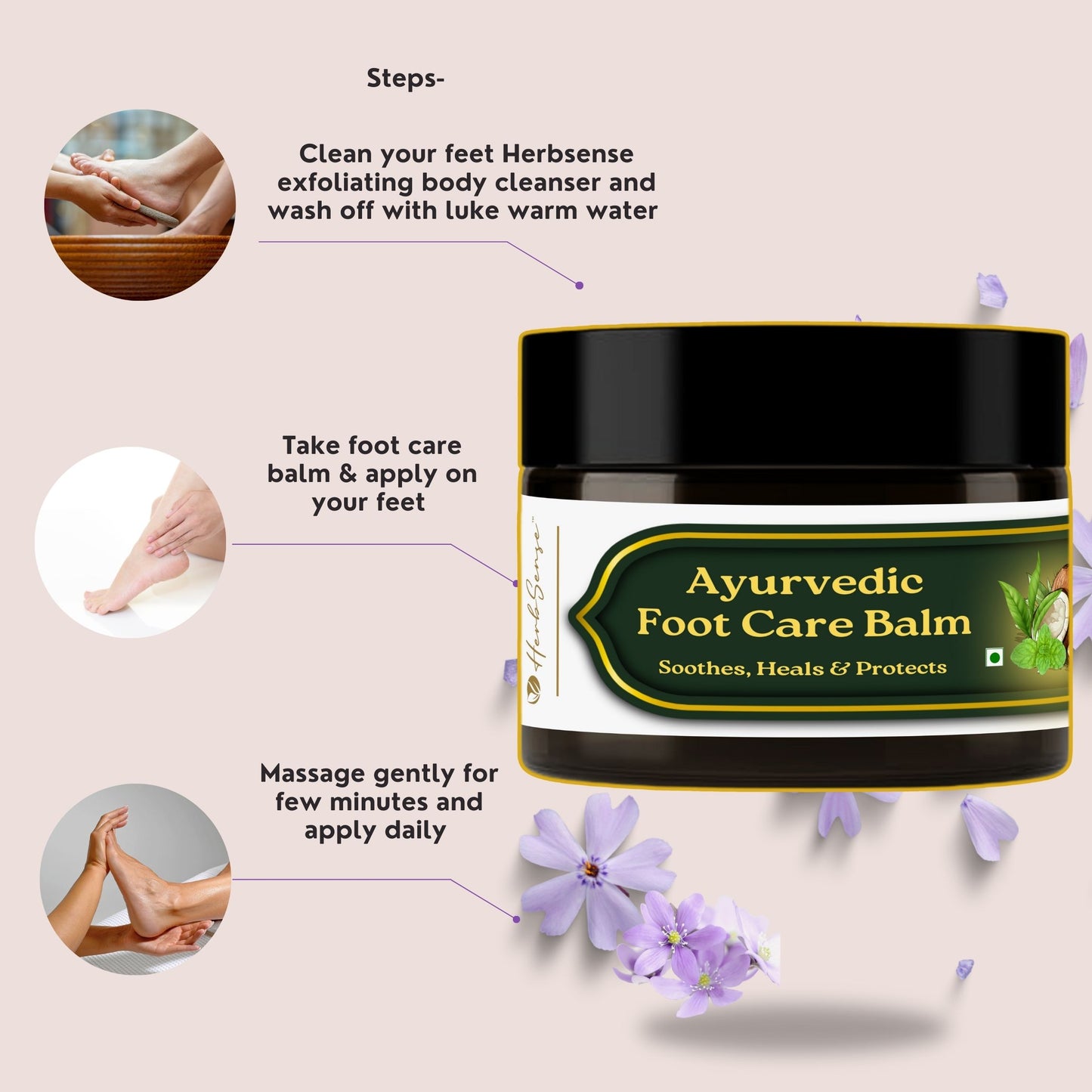 Herbsense Ayurvedic Foot Care Balm, Enriched With Mint, Ginger, Coconut Oil & Shea Butter, Natural Solution for Dry & Cracked Heels, 50 GM