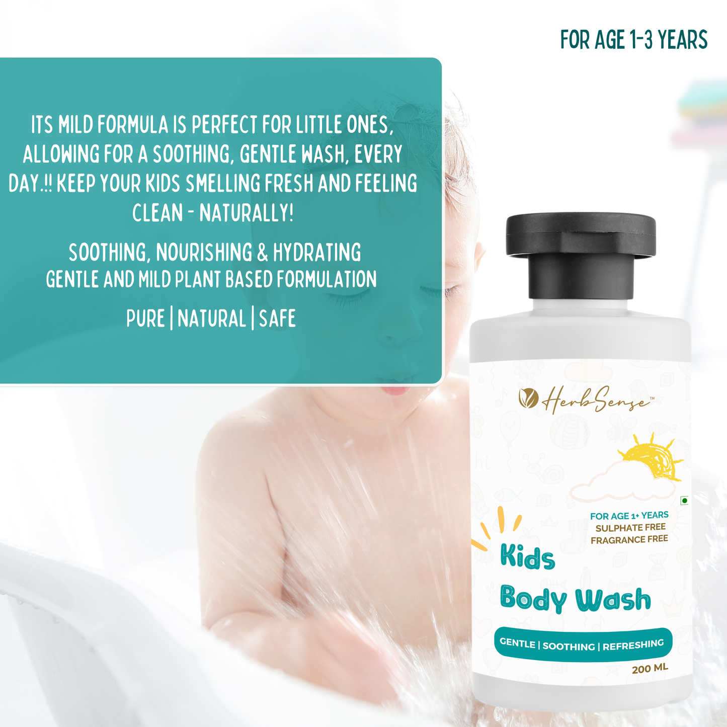 Kids Body Wash-200ml | Plant Based | Fragrance & Color Free | Gentle & Safe | Multipurpose for Body & Face. For Age 1+ Years.