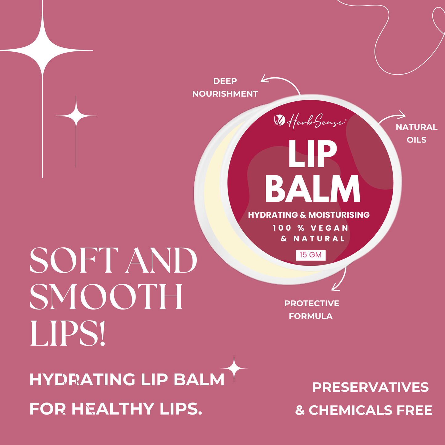 Vegan Lip Balm, For Smooth & Soft Lips 15gm - Blend of Natural Oils & Herbs , Preservative & Chemical Free