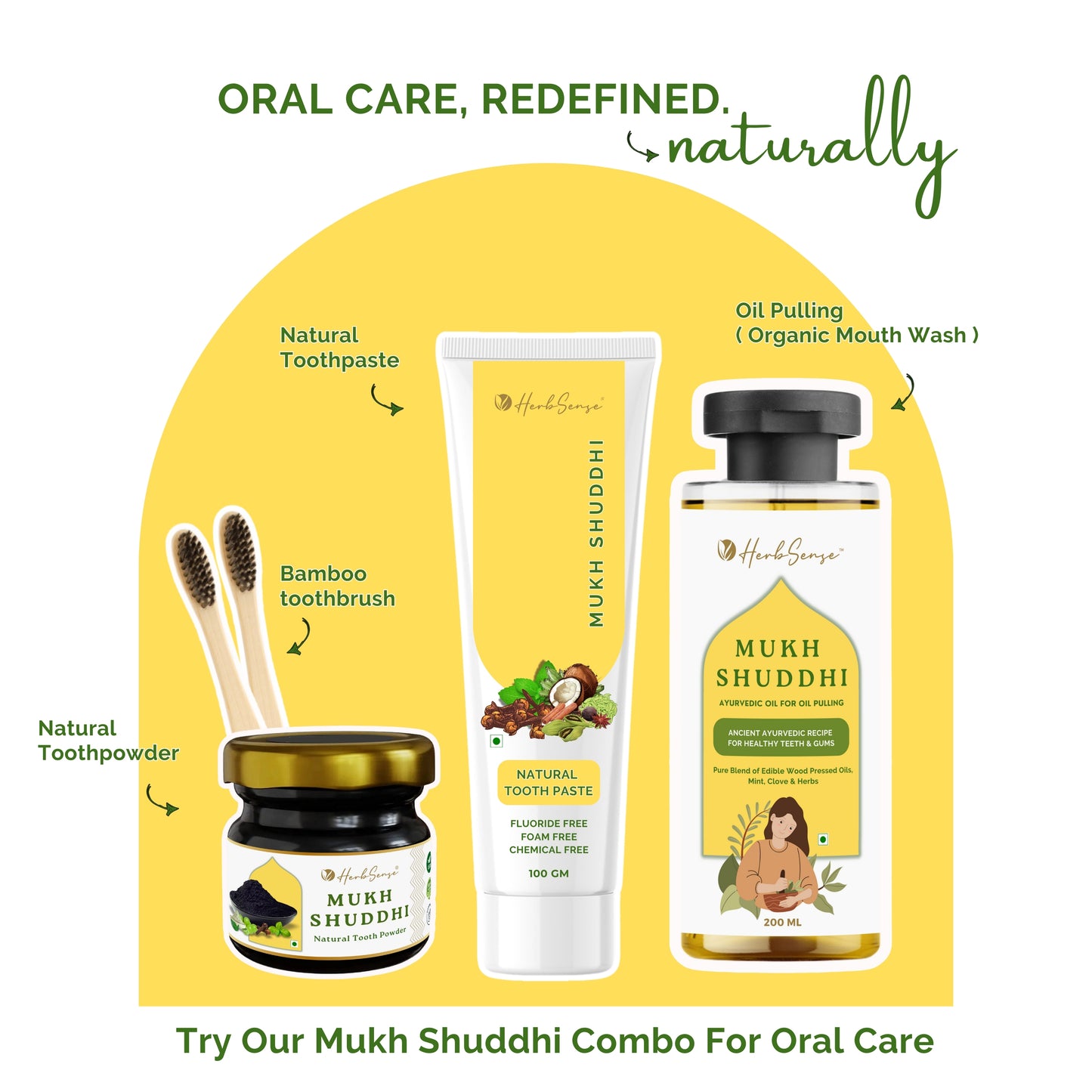 Mukh Shuddhi Natural Oral Care Combo, Ayurvedic Toothpaste 100g, Oil Pulling Mouthwash 200ml, Natural Tooth Powder 20g, 2 Bamboo Toothbrushes, Chemical Free Ayurvedic Oral Care