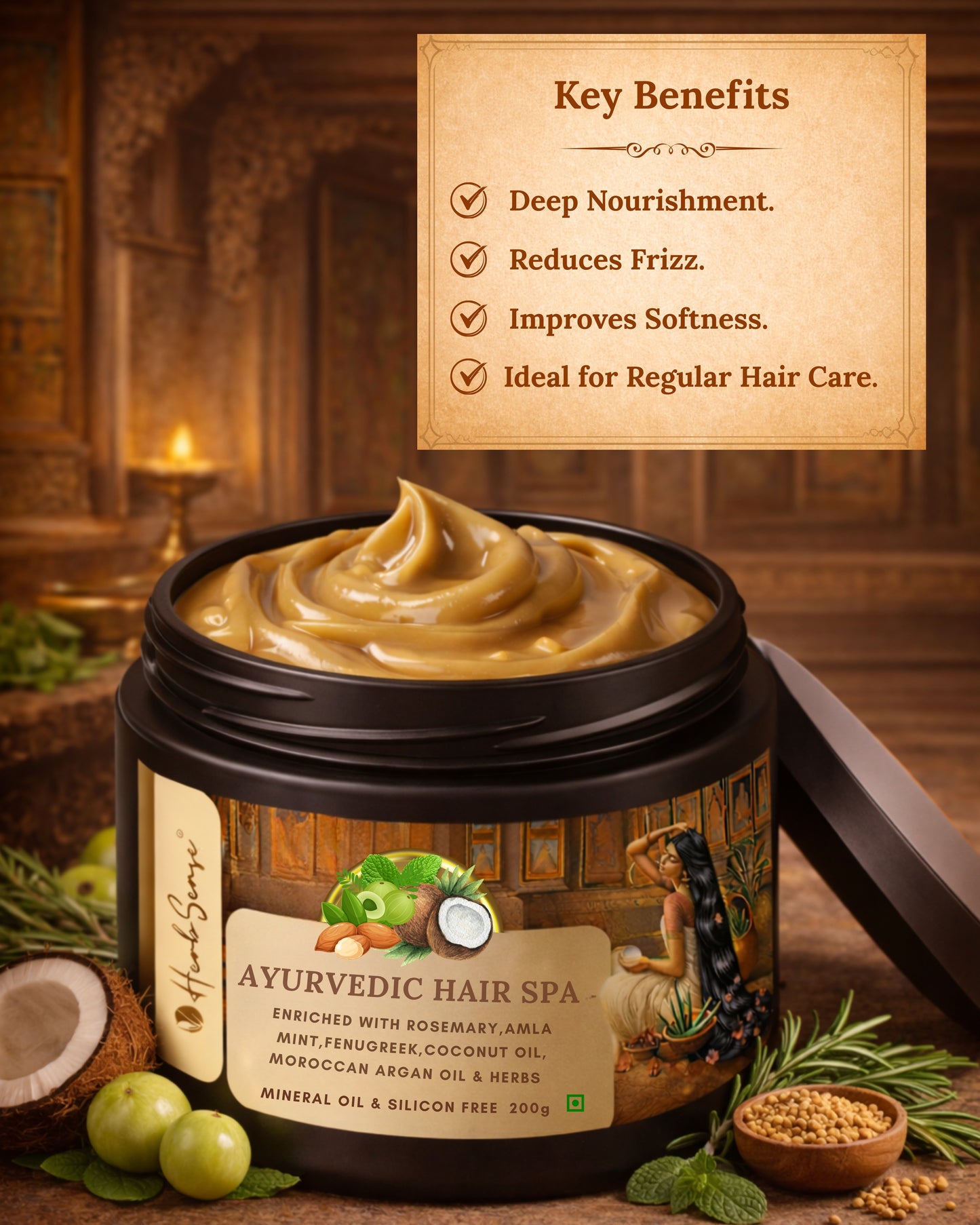 Herbsense Ayurvedic Hair Spa Cream with Rosemary, Mint, Fenugreek, Amla, Coconut, Herbs, 200g, Mineral Oil & Silicon Free, For Hair Nourishment