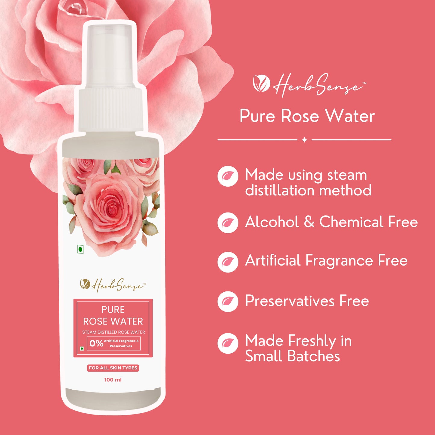 Pure Rose Water / Gulab Jal- Steam Distilled, Edible Grade,Zero Added Preservatives & Fragrance.For Skin,Body & Eyes. 100ml Spray Glass Bottle