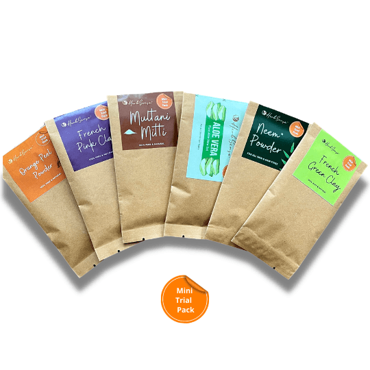 Skin Care Mini Trial Combo Pack of 6 - Aloe Vera Gel, Neem Powder, Multani Mitti, Orange Peel Powder, Pink Clay & Green Clay. - Herbsense