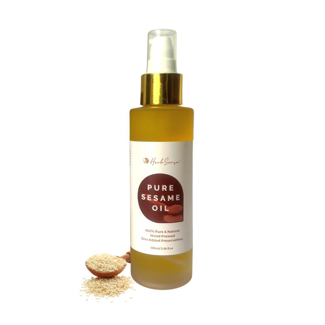 Woodpressed Sesame Oil - 100 ML - Til Ka Tel ( 100% Pure , Multipurpose for Skin ,Hair & Body, Glass Jar Packing ) - Herbsense