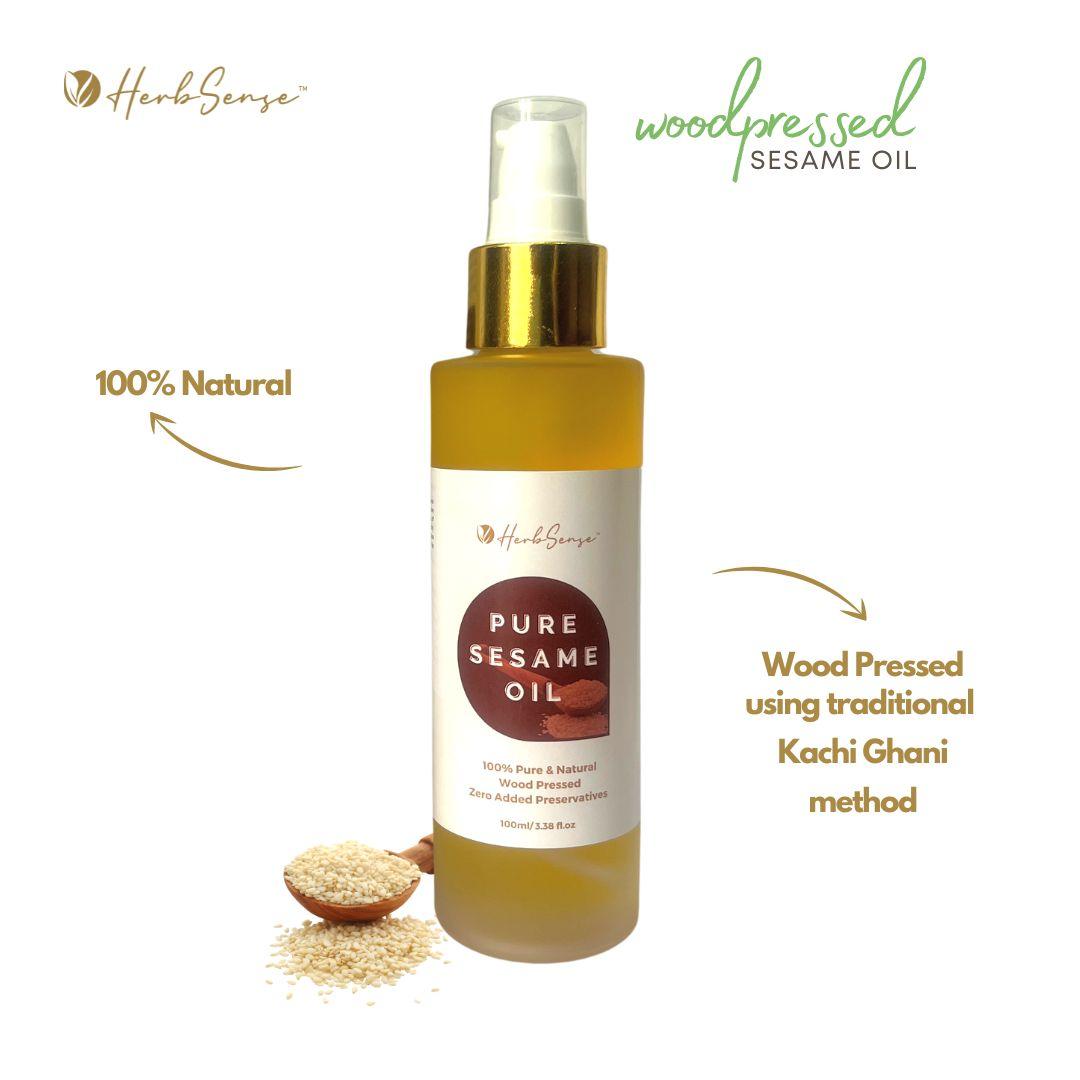 Woodpressed Sesame Oil - 100 ML - Til Ka Tel ( 100% Pure , Multipurpose for Skin ,Hair & Body, Glass Jar Packing ) - Herbsense