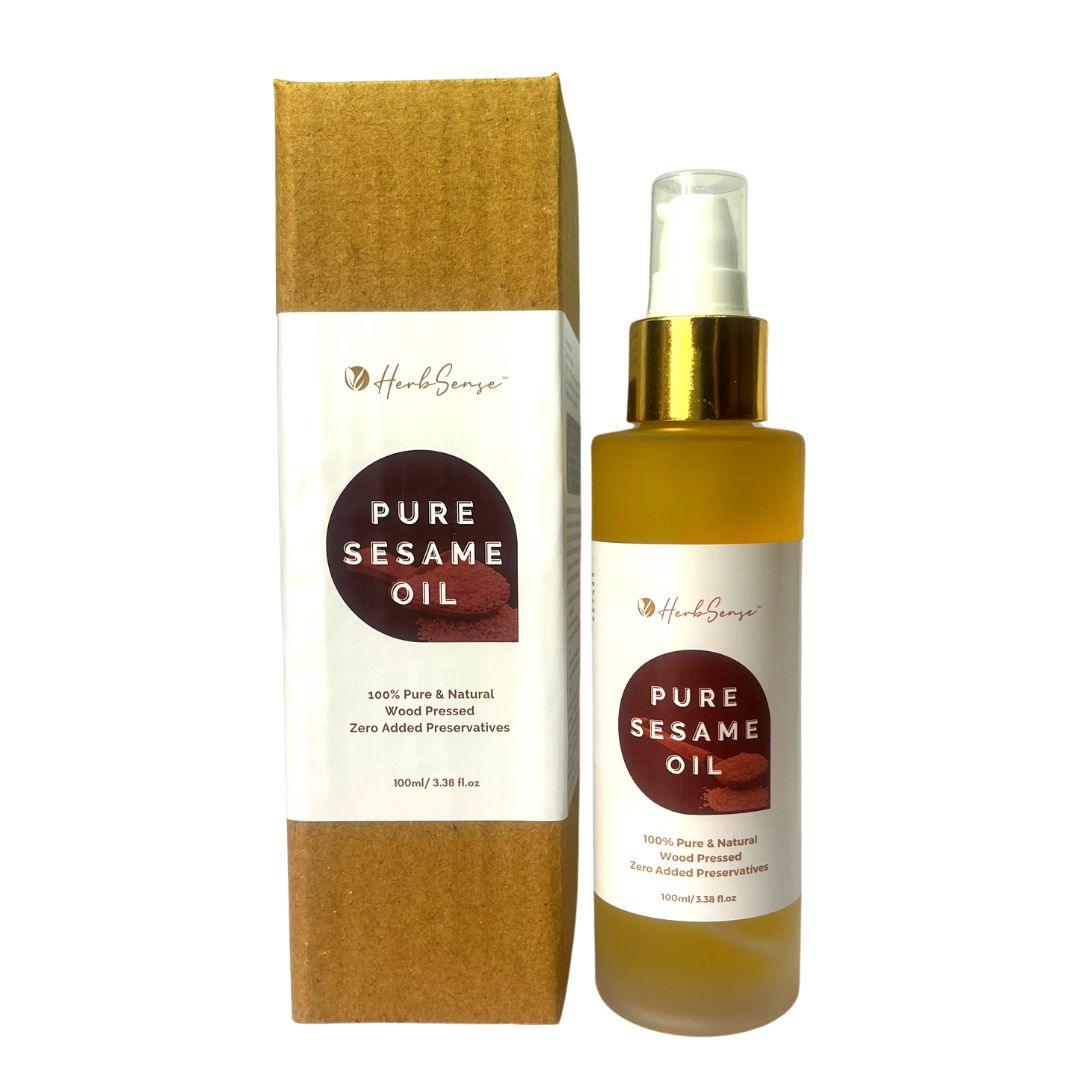 Woodpressed Sesame Oil - 100 ML - Til Ka Tel ( 100% Pure , Multipurpose for Skin ,Hair & Body, Glass Jar Packing ) - Herbsense