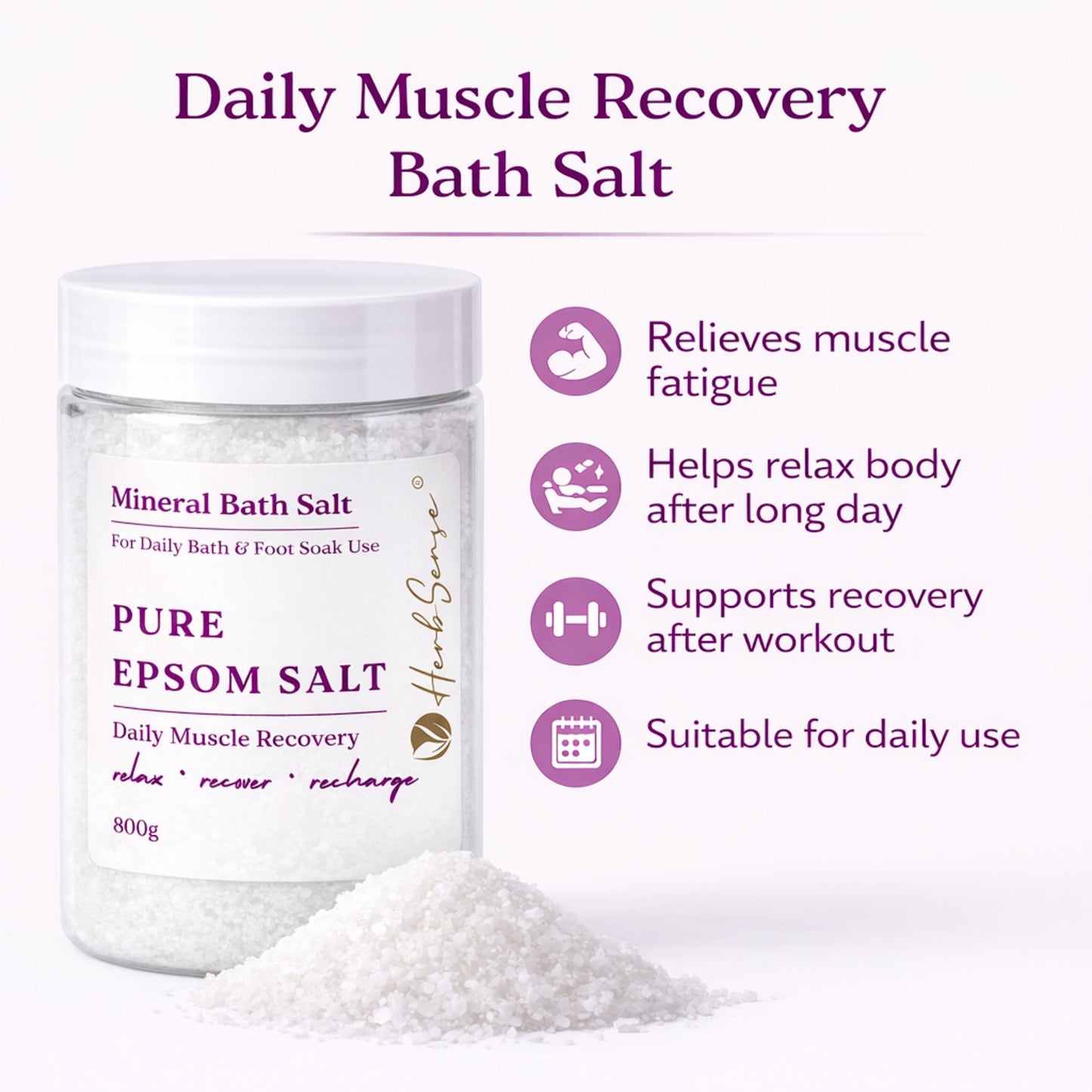 Pure Epsom Salt for Daily Bath and Foot Soak, Tired Feet, Feet Ache, Corns & Callus, Mineral Bath Salt, Muscle Recovery, 800g