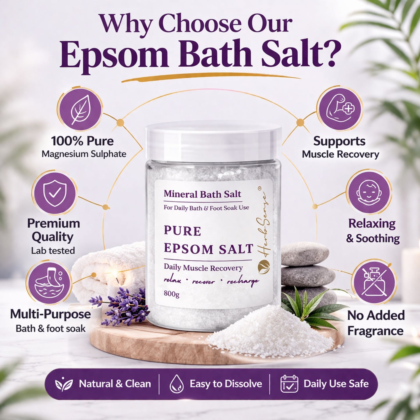 Pure Epsom Salt for Daily Bath and Foot Soak, Tired Feet, Feet Ache, Corns & Callus, Mineral Bath Salt, Muscle Recovery, 800g