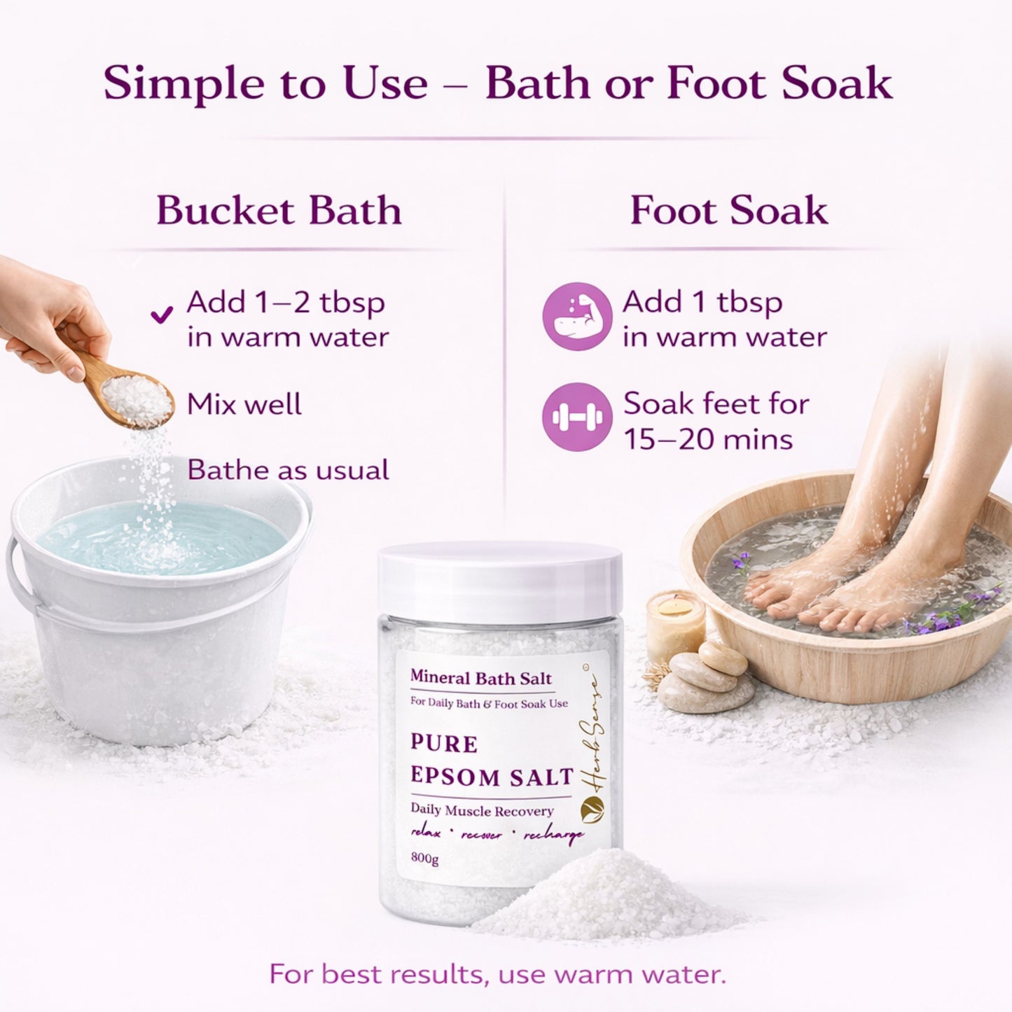 Pure Epsom Salt for Daily Bath and Foot Soak, Tired Feet, Feet Ache, Corns & Callus, Mineral Bath Salt, Muscle Recovery, 800g