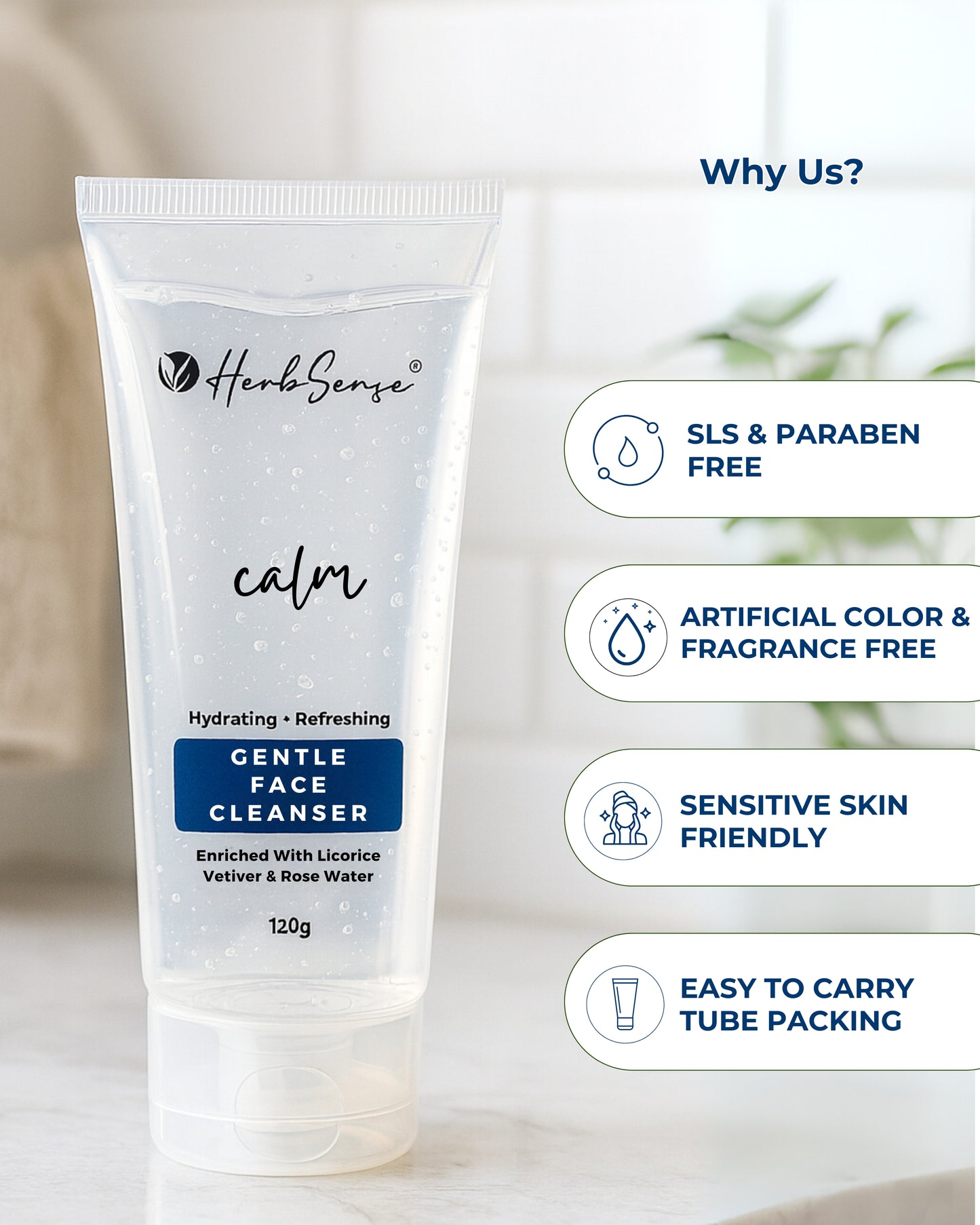 Calm Gentle Face Cleanser, Hydrating & Refreshing, with Licorice, Vetiver, Rose Water, SLS & Paraben Free, Sensitive Skin Friendly, 120g