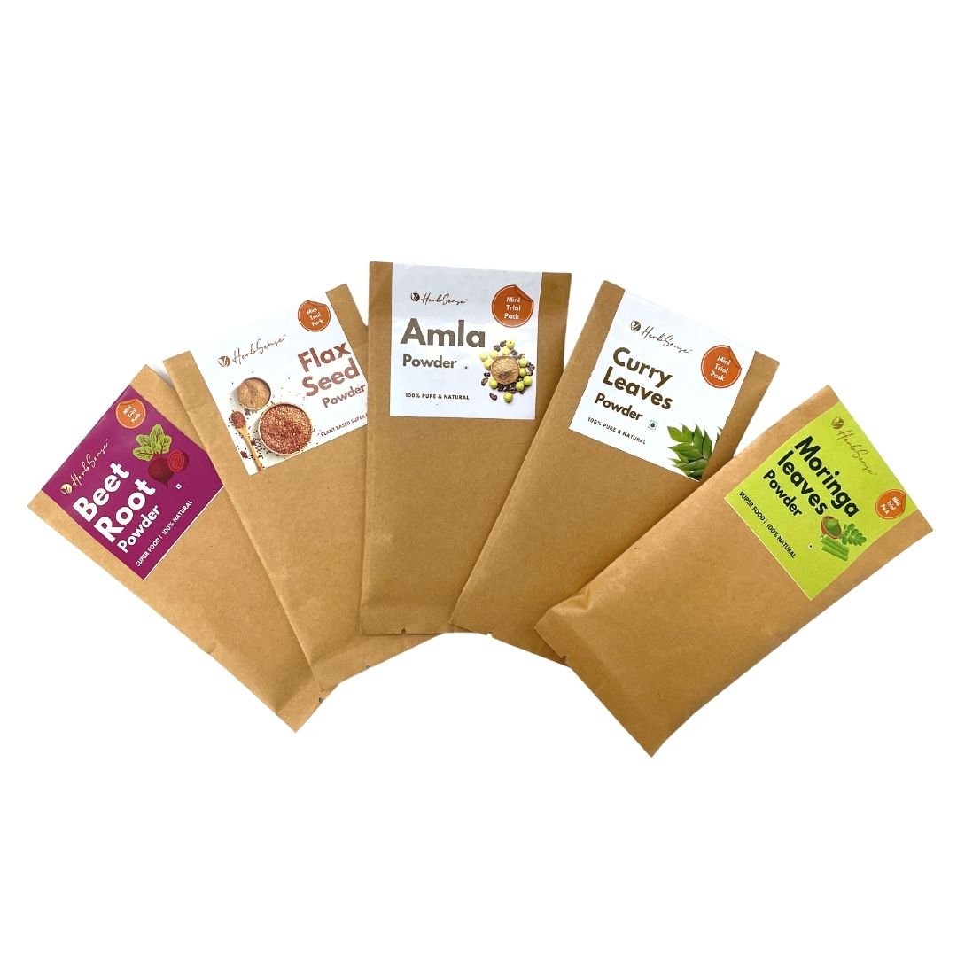 Superfoods Mini Trial Pack Combo ( Pack of 5 ) - Flaxseed Powder, Beetroot Powder, Moringa Leaves Powder, Amla Powder and Curry Leaves Powder