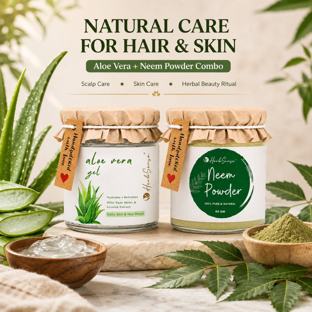 Combo Pack- Neem Powder & Aloe Vera Gel | For Healthy Dandruff Free Hair & Glowing Skin, Natural & Chemical Free