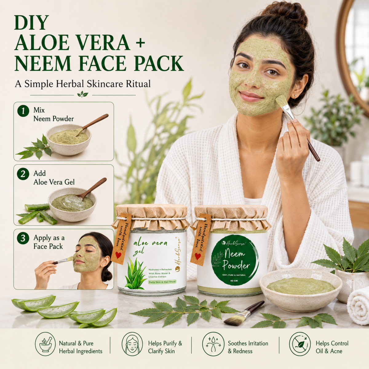 Combo Pack- Neem Powder & Aloe Vera Gel | For Healthy Dandruff Free Hair & Glowing Skin, Natural & Chemical Free