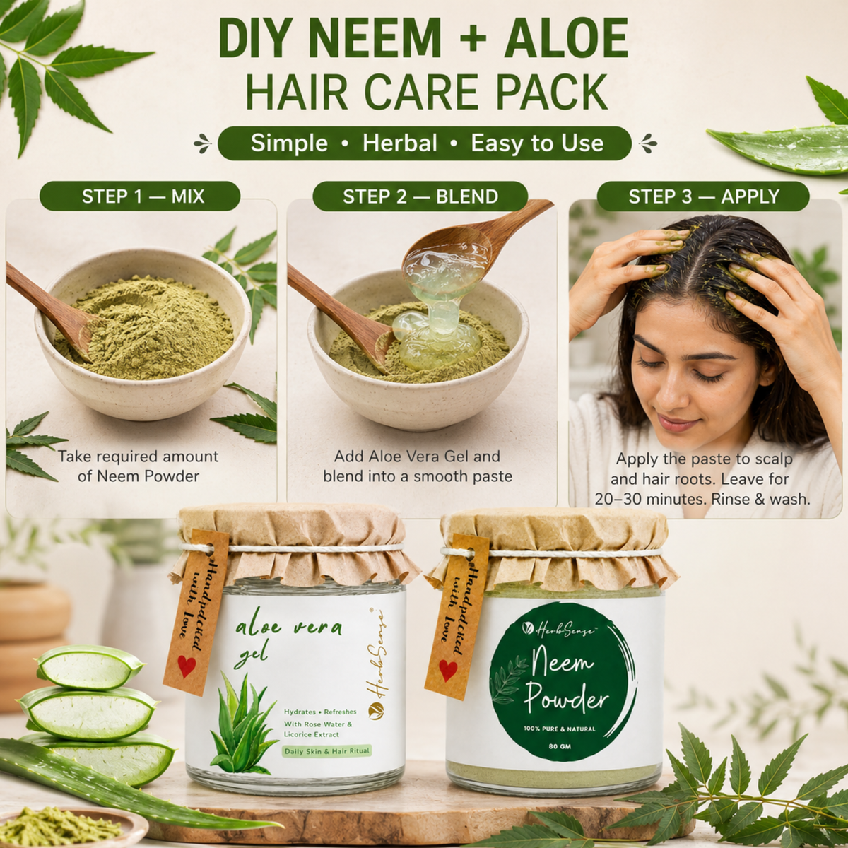 Combo Pack- Neem Powder & Aloe Vera Gel | For Healthy Dandruff Free Hair & Glowing Skin, Natural & Chemical Free