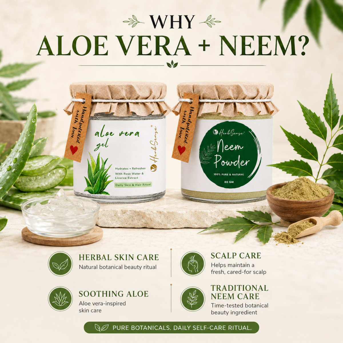 Combo Pack- Neem Powder & Aloe Vera Gel | For Healthy Dandruff Free Hair & Glowing Skin, Natural & Chemical Free