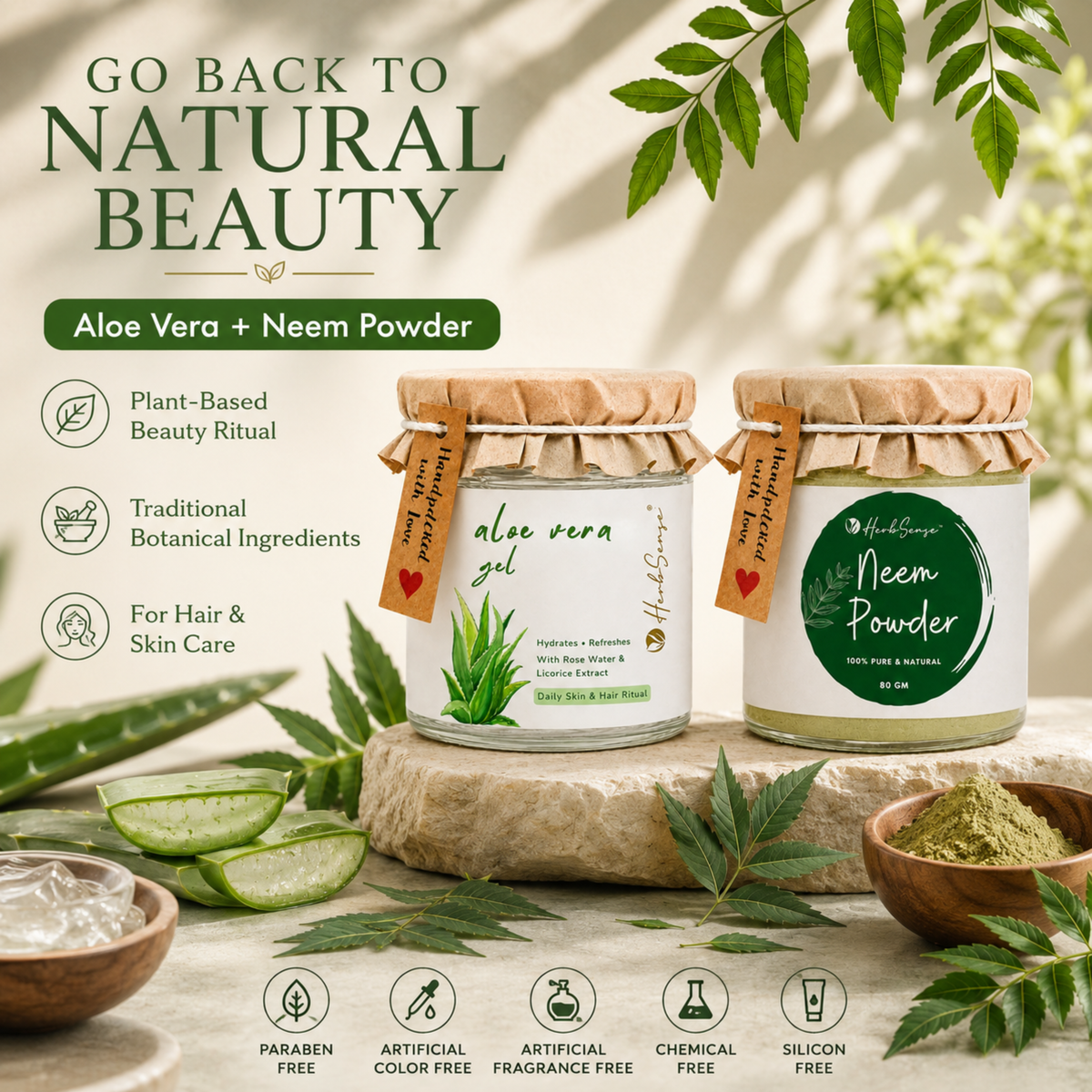 Combo Pack- Neem Powder & Aloe Vera Gel | For Healthy Dandruff Free Hair & Glowing Skin, Natural & Chemical Free