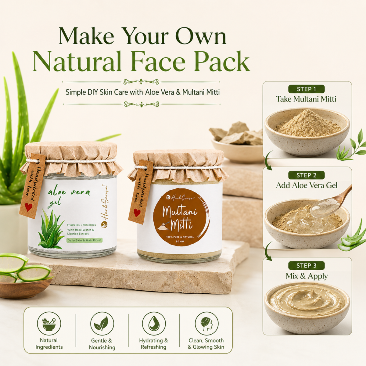 Combo Pack- Pure Aloe Vera Gel 180gm & Multani Mitti 80gm