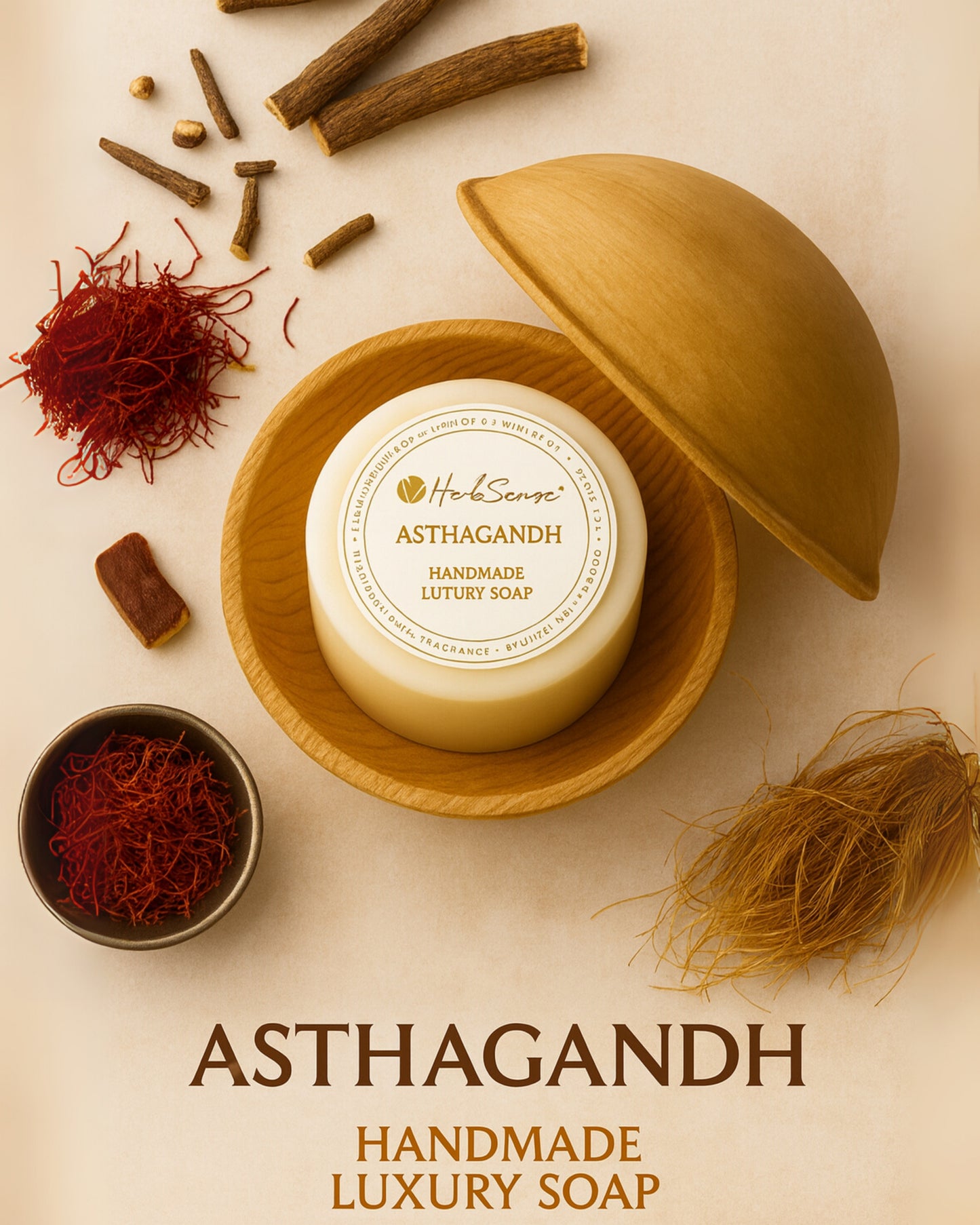 Herbsense Asthagandh Handmade Luxury Soap with Pure Saffron, Sandalwood, Manjistha, Licorice, Premium Gifting Soap, 100g