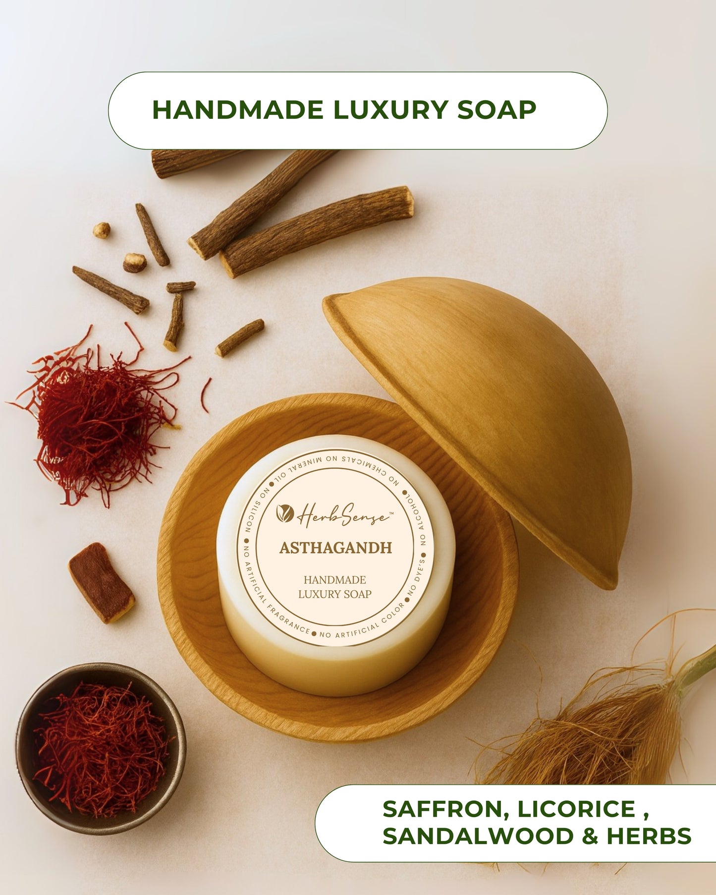 Herbsense Asthagandh Handmade Luxury Soap with Pure Saffron, Sandalwood, Manjistha, Licorice, Premium Gifting Soap, 100g