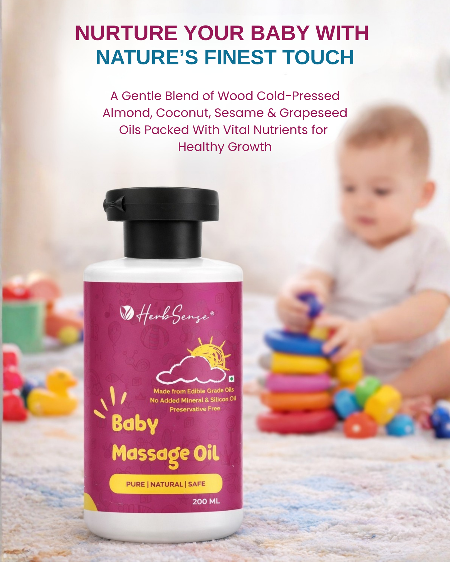 Baby Massage Oil- 200ml | Preservative & Chemical Free | Blend of Natural Wood Cold Pressed Oils |  Safe to use from Day 1