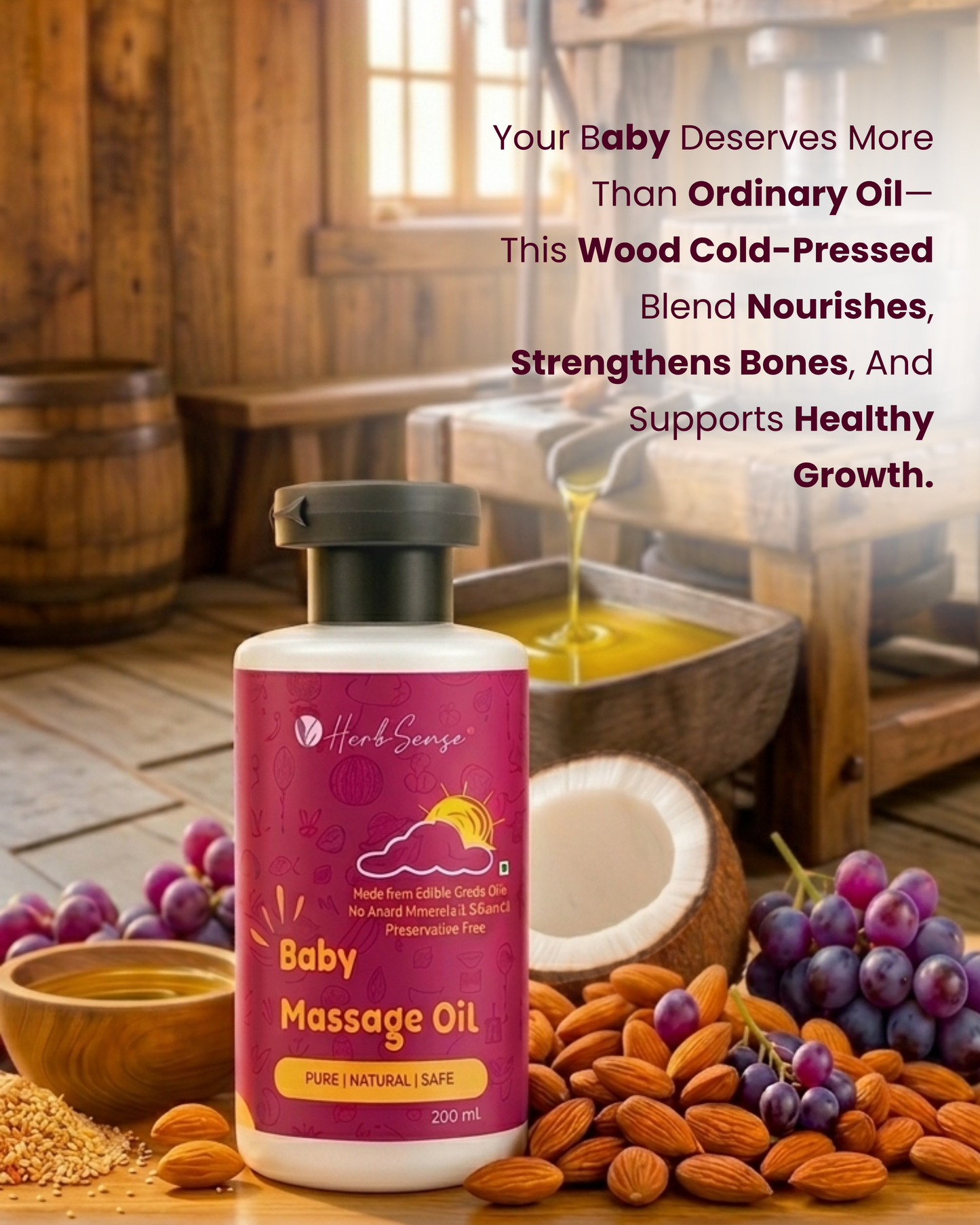 Baby Massage Oil- 200ml | Preservative & Chemical Free | Blend of Natural Wood Cold Pressed Oils |  Safe to use from Day 1