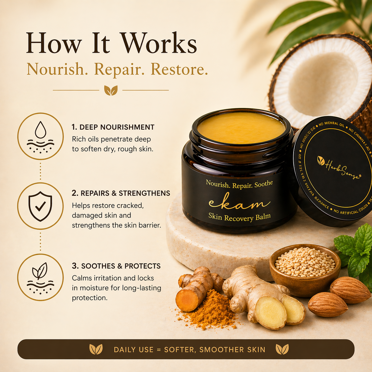 Ayurvedic Skin Recovery Balm-Ekam , For Dry & Cracked Skin | Foot, Heel, Elbow & Hand Repair | Enriched with Frankincense, Shea Butter & Ayurvedic Oils | Nourishing Moisturizing Balm | 50g