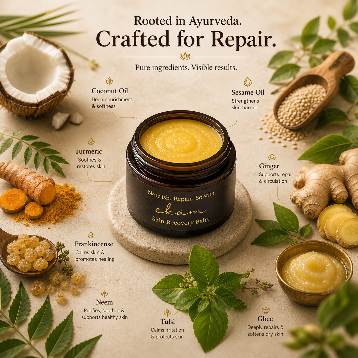 Ayurvedic Skin Recovery Balm-Ekam , For Dry & Cracked Skin | Foot, Heel, Elbow & Hand Repair | Enriched with Frankincense, Shea Butter & Ayurvedic Oils | Nourishing Moisturizing Balm | 50g