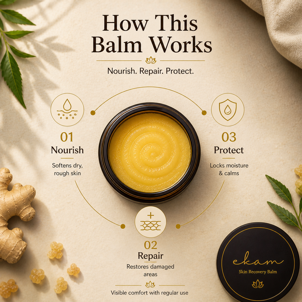 Ayurvedic Skin Recovery Balm-Ekam , For Dry & Cracked Skin | Foot, Heel, Elbow & Hand Repair | Enriched with Frankincense, Shea Butter & Ayurvedic Oils | Nourishing Moisturizing Balm | 50g