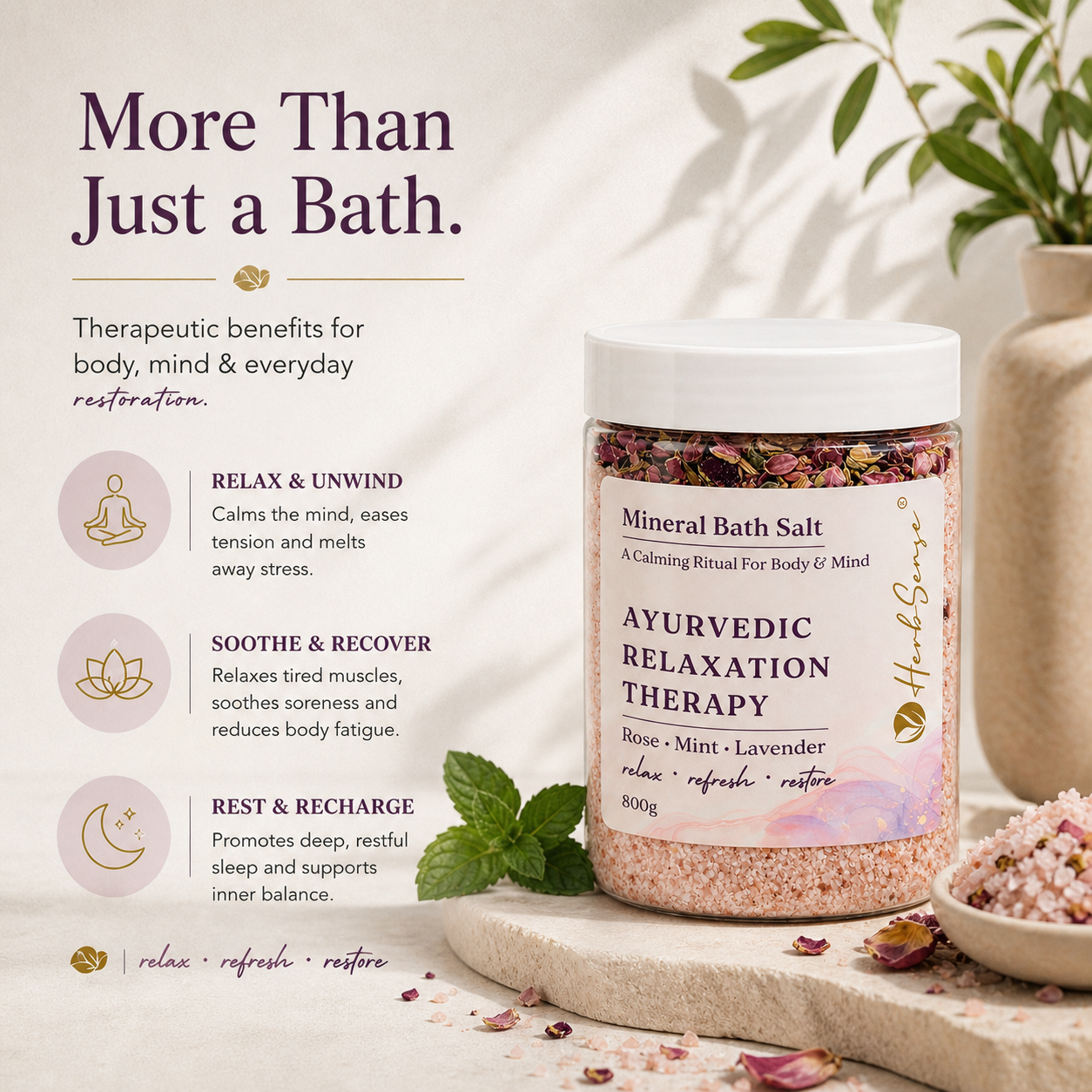 Relaxation Ritual Bath Salt & Foot Soak | Rose, Mint & Lavender | Stress Relief, Muscle Relaxation & Sleep Support | Ayurvedic Mineral Soak for Body & Feet | 800g Jar