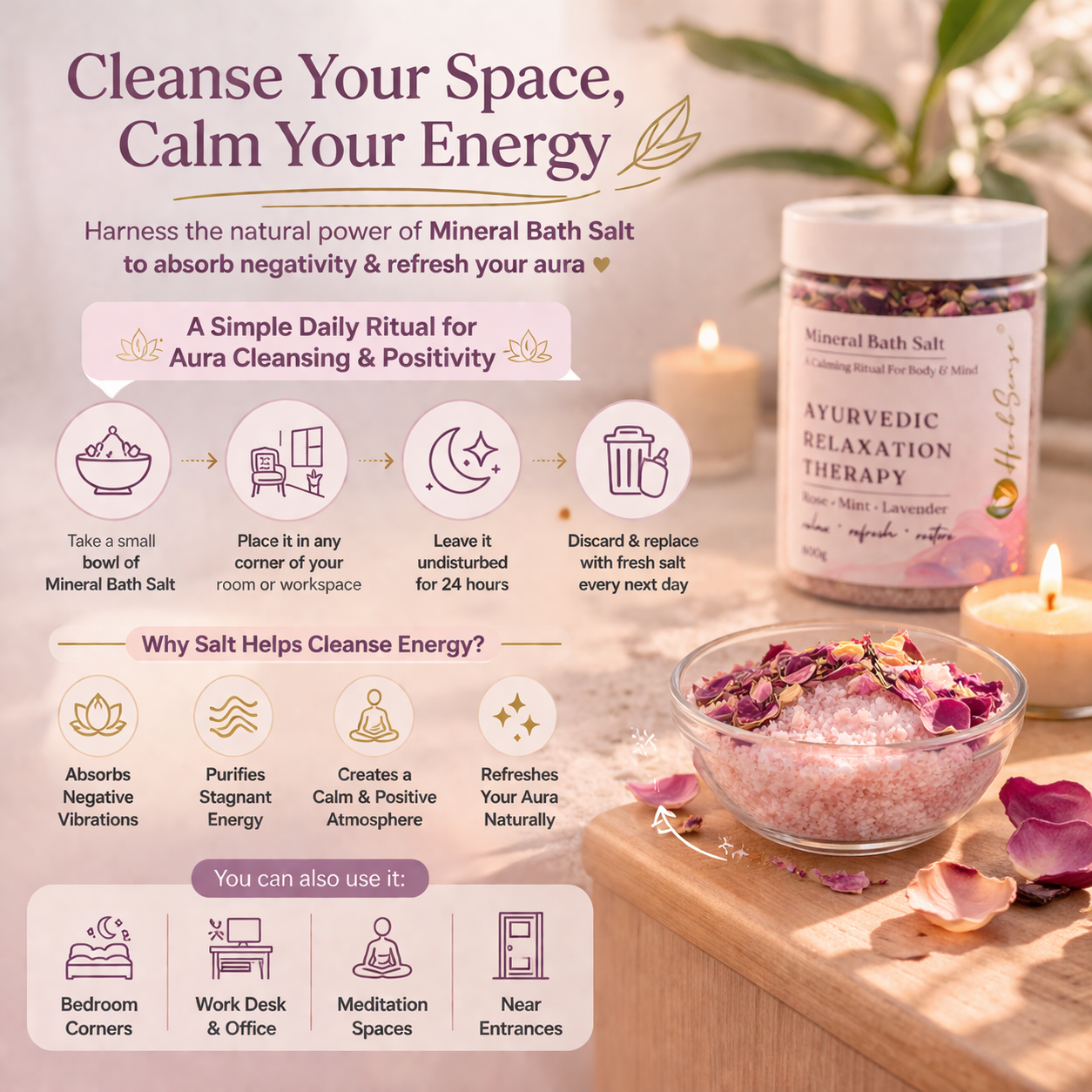 Relaxation Ritual Bath Salt & Foot Soak | Rose, Mint & Lavender | Stress Relief, Muscle Relaxation & Sleep Support | Ayurvedic Mineral Soak for Body & Feet | 800g Jar