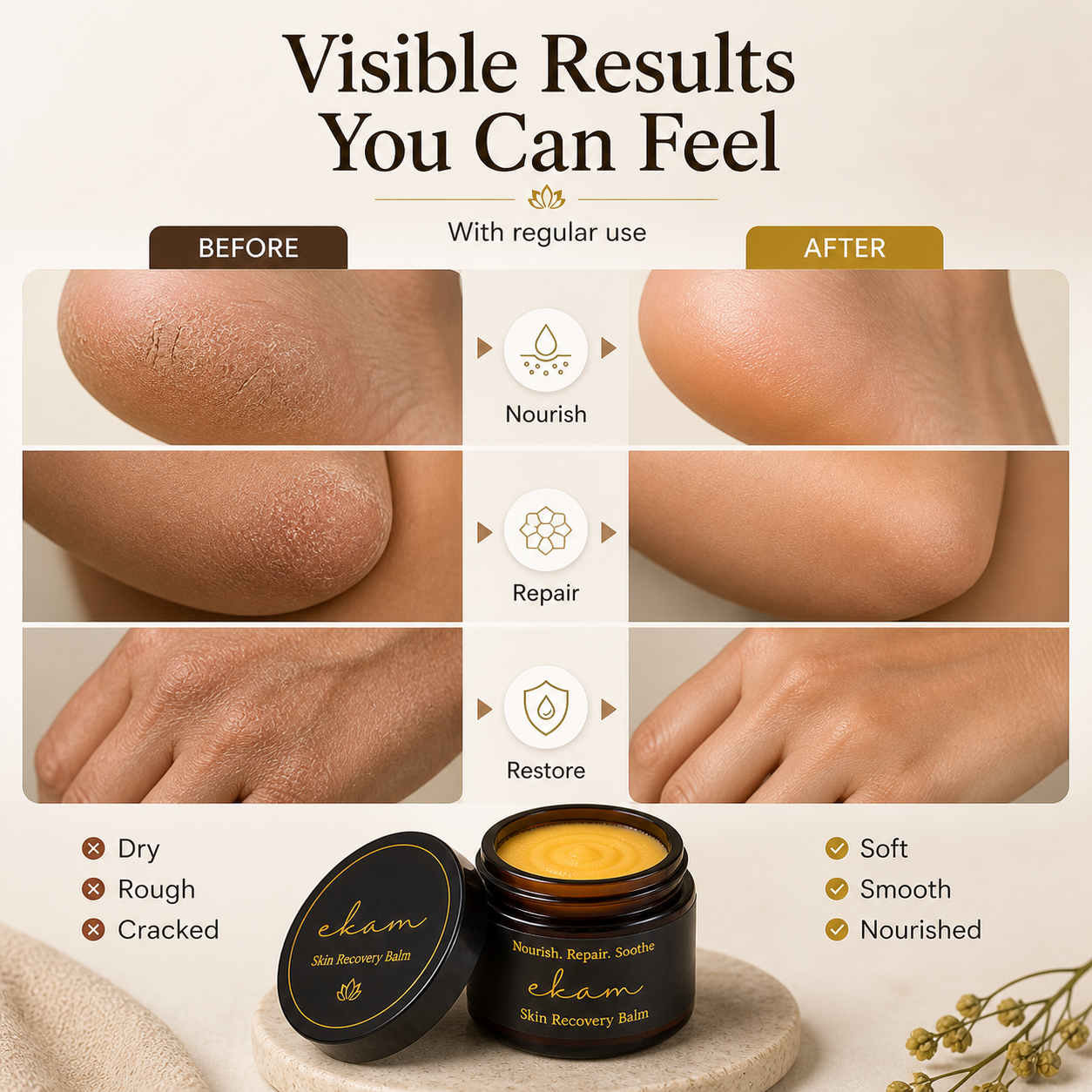 Ayurvedic Skin Recovery Balm-Ekam , For Dry & Cracked Skin | Foot, Heel, Elbow & Hand Repair | Enriched with Frankincense, Shea Butter & Ayurvedic Oils | Nourishing Moisturizing Balm | 50g