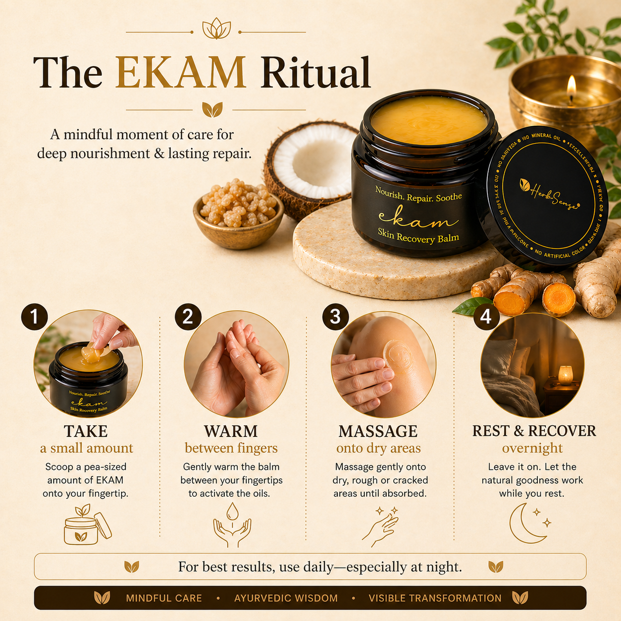 Ayurvedic Skin Recovery Balm-Ekam , For Dry & Cracked Skin | Foot, Heel, Elbow & Hand Repair | Enriched with Frankincense, Shea Butter & Ayurvedic Oils | Nourishing Moisturizing Balm | 50g