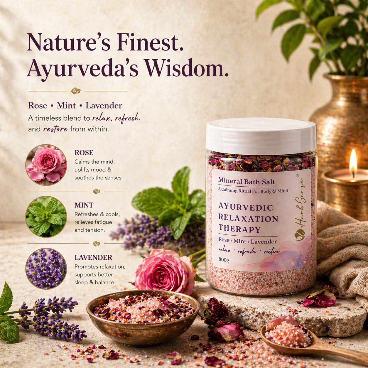 Relaxation Ritual Bath Salt & Foot Soak | Rose, Mint & Lavender | Stress Relief, Muscle Relaxation & Sleep Support | Ayurvedic Mineral Soak for Body & Feet | 800g Jar