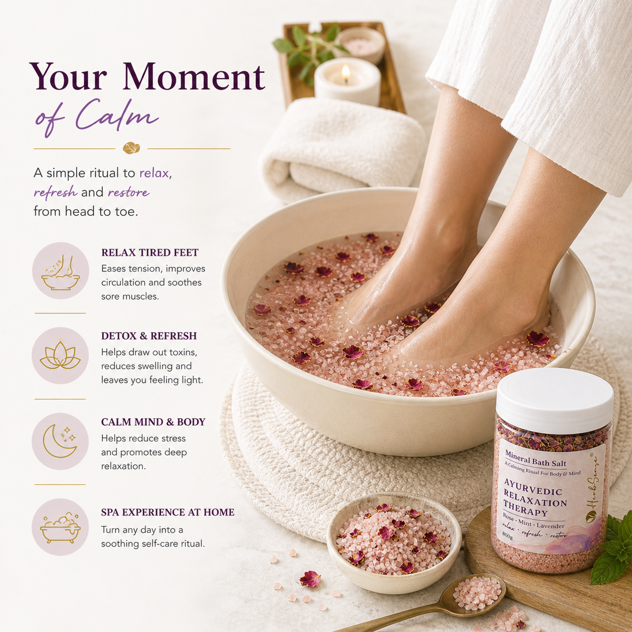Relaxation Ritual Bath Salt & Foot Soak | Rose, Mint & Lavender | Stress Relief, Muscle Relaxation & Sleep Support | Ayurvedic Mineral Soak for Body & Feet | 800g Jar