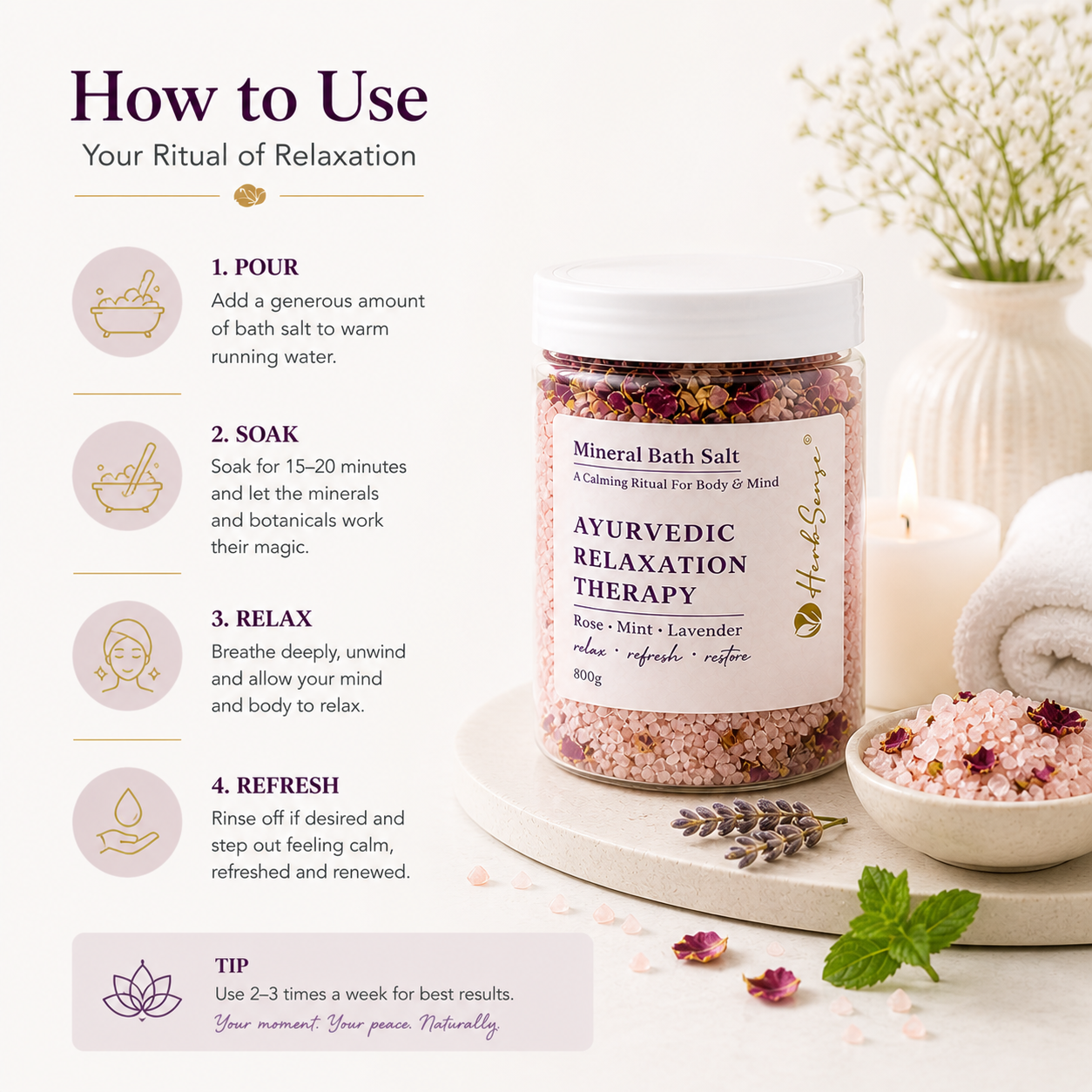 Relaxation Ritual Bath Salt & Foot Soak | Rose, Mint & Lavender | Stress Relief, Muscle Relaxation & Sleep Support | Ayurvedic Mineral Soak for Body & Feet | 800g Jar