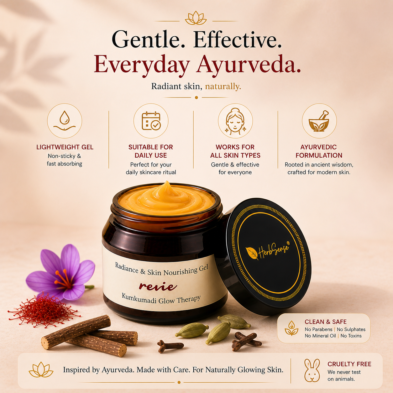 Revie Kumkumadi Glow Therapy Face Gel, Ayurvedic Radiance Ritual with Saffron & Cardamom, Lightweight Non-Sticky Gel for Radiant, Even-Looking Skin (50g)